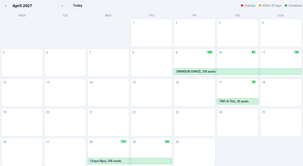 The retest calendar in month view, with client jobs shown as bars spanning the days they are due.