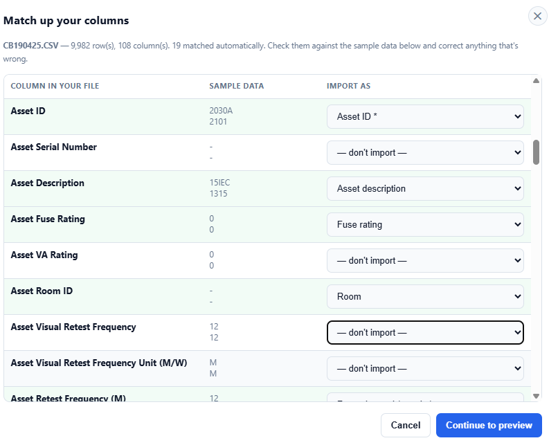The column matching step, showing spreadsheet columns beside sample data and the PATKeeper field each one will be imported as.